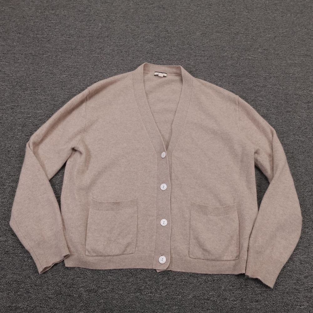 J.CREW Cardigan Sweater Womens Medium Beige 100% Cashmere V Neck Button Front - Picture 1 of 8